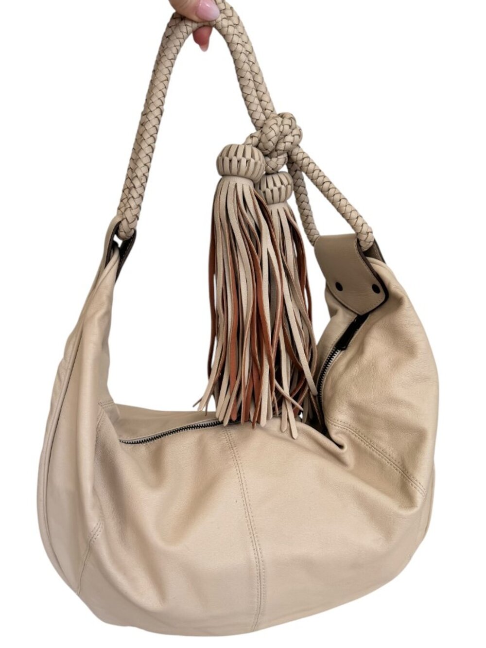 Mulberry Cream Leather Hobo Bag with Braided Handles & Oversized Tassels